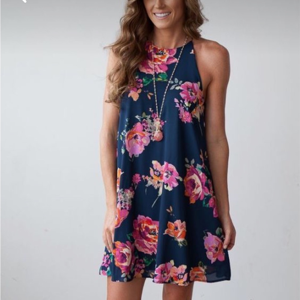 Everly Dark Blue with Floral Halter-neck Swing Dress S EUC